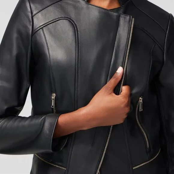 WHBM $500 GENUINE LEATHER Zipped Moto Jacket Black Soft 2 6 8 10 14 - Picture 5 of 6